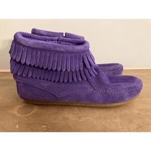 Minnetonka size kids 3 girls purple Double Fringe Side Zip Boot shoes leather